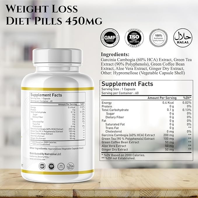 Natrolina 100% Natural Slimming Weight Loss Diet Pills 60 Capsules | Excellent for Keto Diet | Non-Prescription Weight Loss Aid Supplements